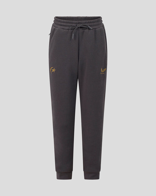 Dark gray sweatpants with a drawstring waist and small gold embroidered logos on the left thigh and right hip, shown against a light gray background.