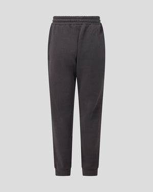 Dark charcoal gray sweatpants with an elastic waistband and ribbed ankle cuffs, shown from the back on a light gray background.
