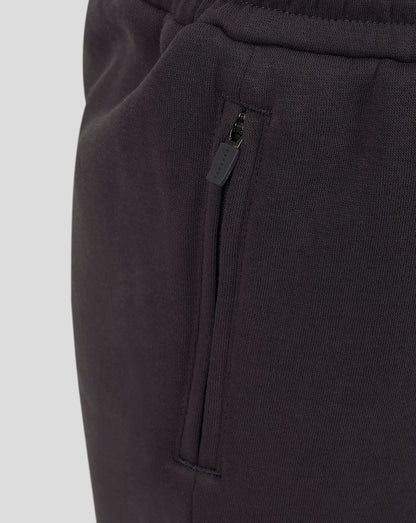Close-up of dark charcoal gray fabric showing a side zippered pocket with a small pull tab on jogger-style pants.