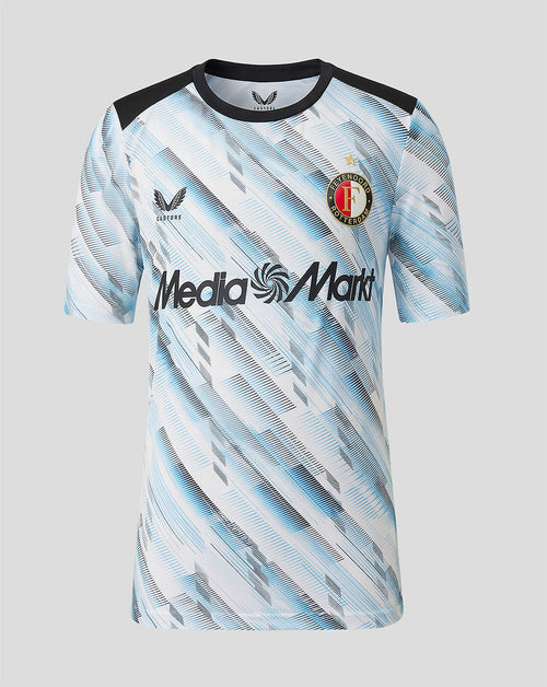 Front view of Feyenoord Junior Away Matchday Shirt with blue diagonal pattern, crest on left chest, Castore on right chest, Media Markt across front.