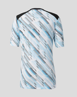 Back view of Feyenoord Junior Away Matchday Shirt featuring blue diagonal pattern and black shoulder panels.