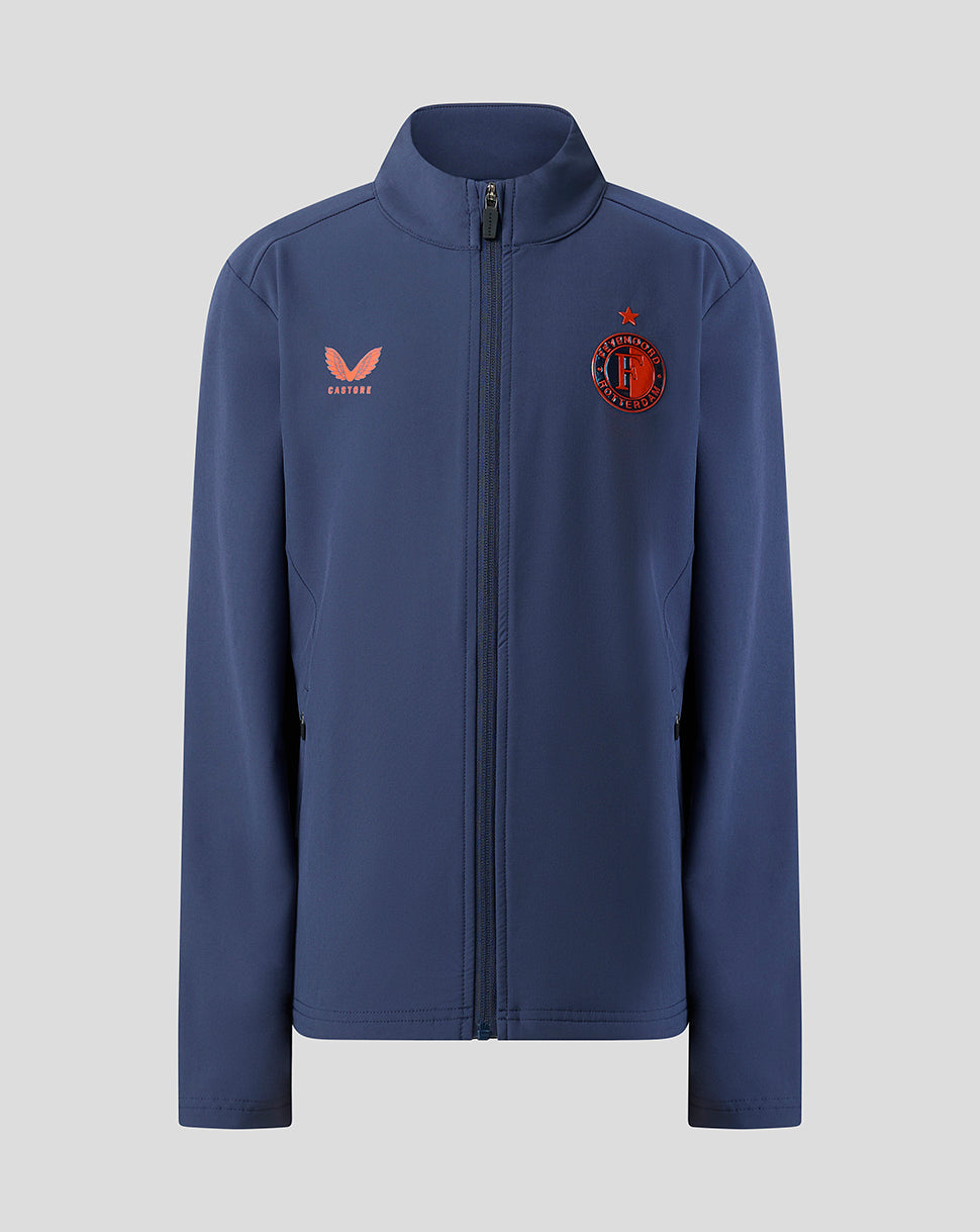 Front view of blue Feyenoord Junior Third Matchday jacket with full zip and high collar; Castore logo on right chest and Feyenoord crest on left.