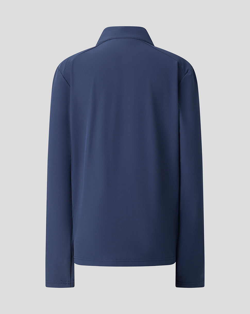 Back view of blue Feyenoord Junior Third Matchday jacket with a high collar and smooth rear panel.