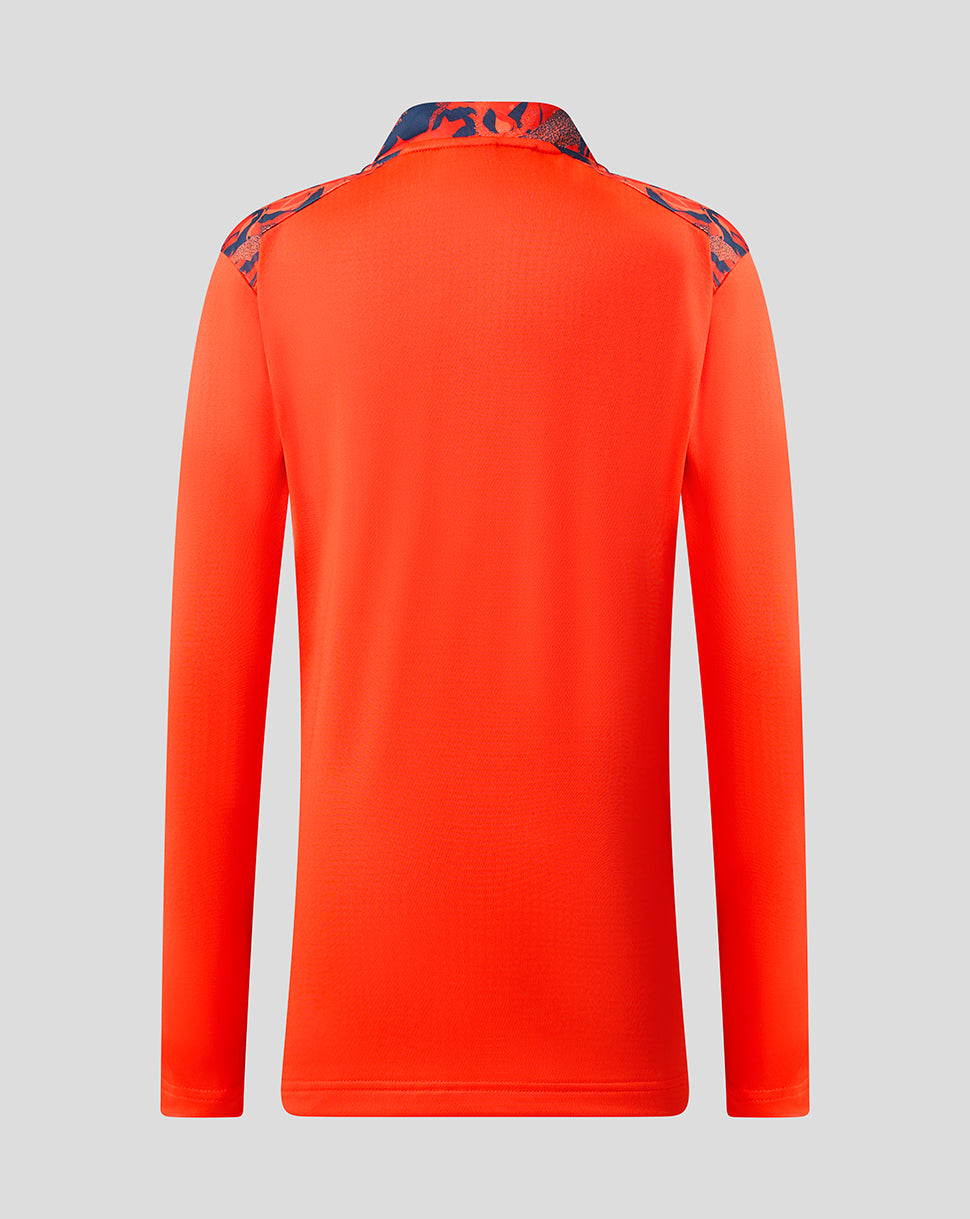 Back view of bright orange Feyenoord Junior Third Matchday Midlayer with navy camouflage shoulders.
