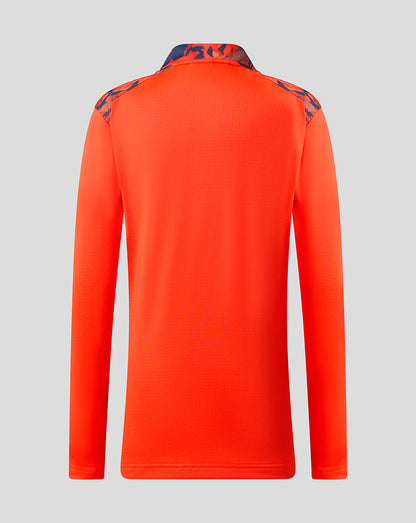 Back view of bright orange Feyenoord Junior Third Matchday Midlayer with navy camouflage shoulders.