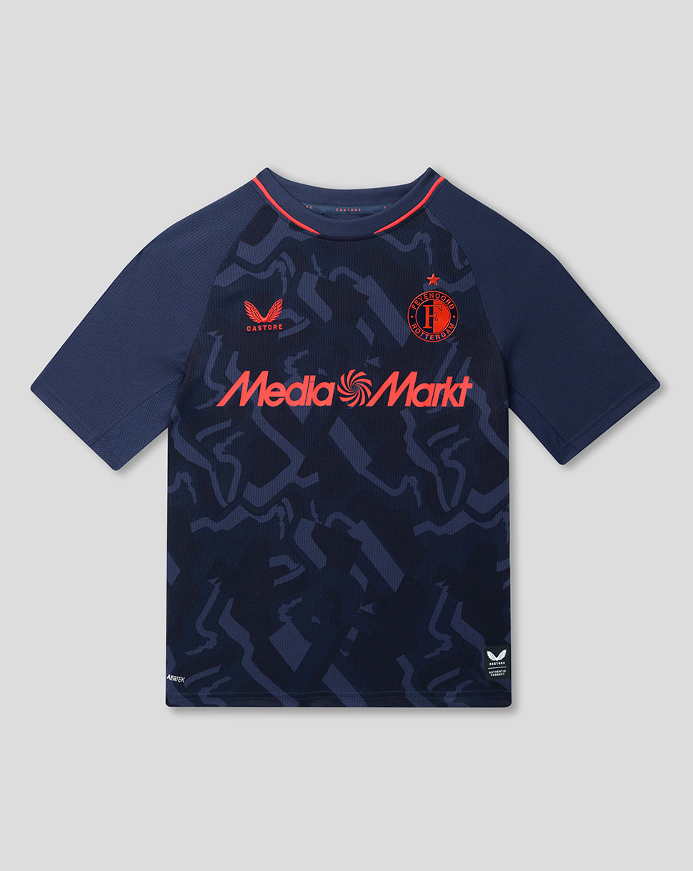 Front view of Feyenoord Junior Third Shirt 2026-27 in navy with orange detailing; Castore logo right chest and Feyenoord crest left.