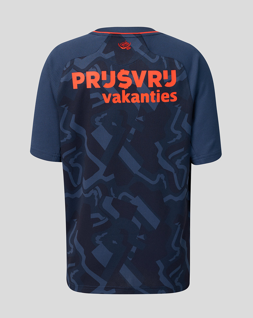 Back view of Feyenoord Junior Third Shirt showing bold orange text on a dark pattern.