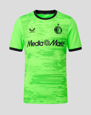 Neon green Feyenoord junior goalkeeper shirt front view with black crew neck and sleeve trim, Castore logo on right chest, Feyenoord crest left chest, and MediaMarkt sponsor across the chest.