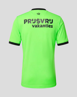 Back view of neon green Feyenoord junior goalkeeper shirt with bold black text across the upper back and a small neck logo.