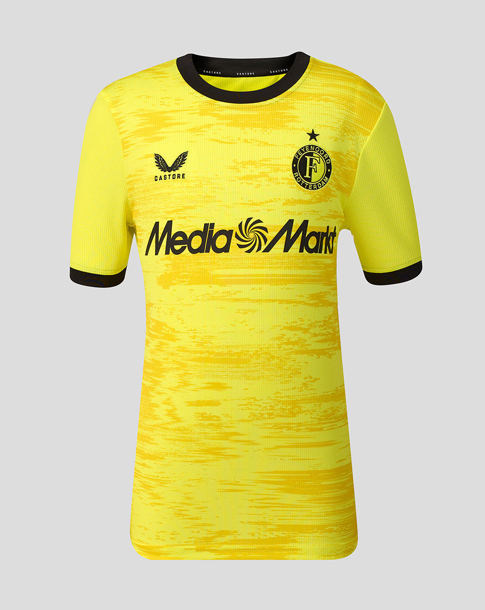 Front view of Feyenoord Junior Away Goalkeeper Shirt in bright yellow with black trim, featuring Castore logo and club crest