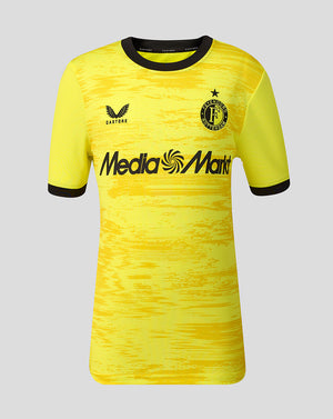 Front view of Feyenoord Junior Away Goalkeeper Shirt in bright yellow with black trim, featuring Castore logo and club crest