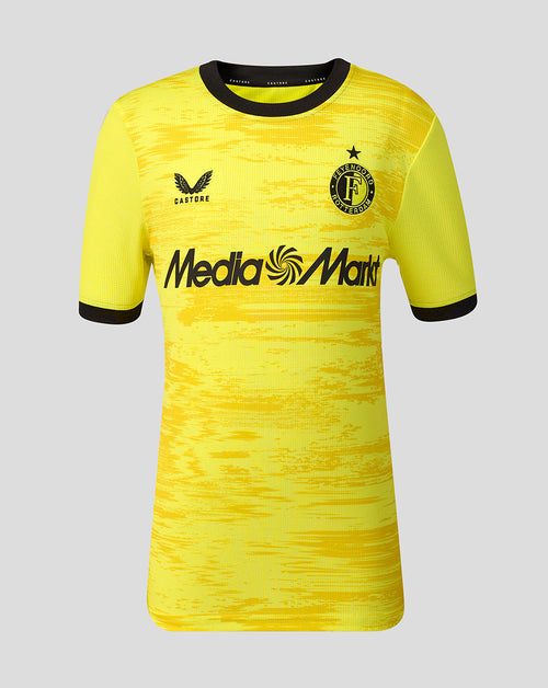 Front view of Feyenoord Junior Away Goalkeeper Shirt in bright yellow with black trim, featuring Castore logo and club crest
