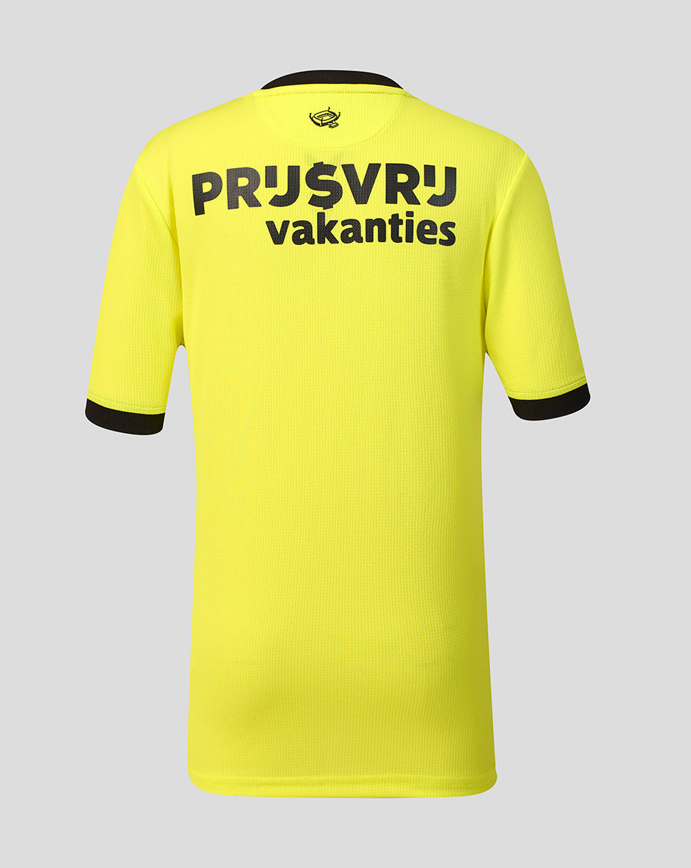 Back view of Feyenoord Junior Away Goalkeeper Shirt in bright yellow with bold sponsor text across the back and a small club crest at the neck