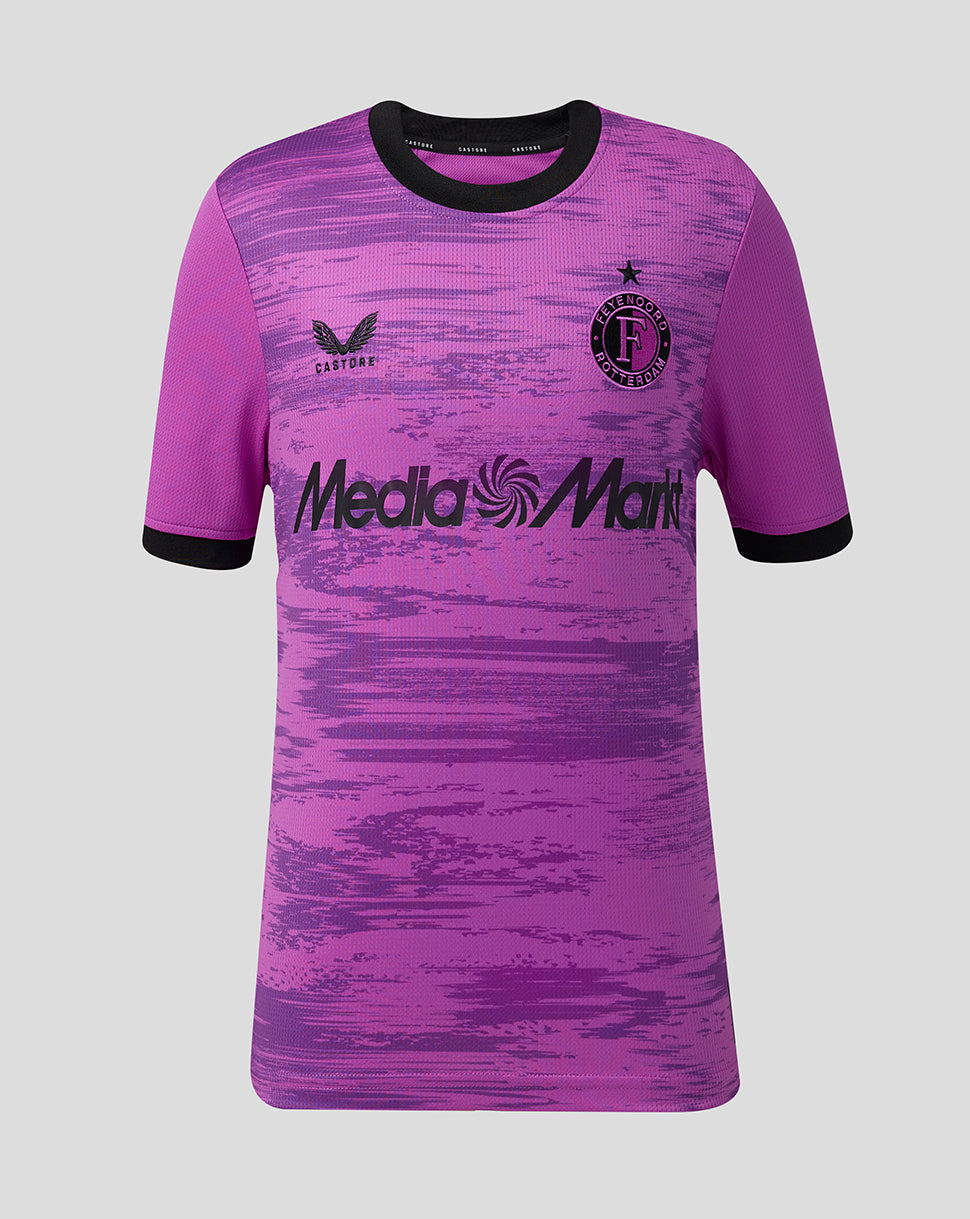 Front view of Feyenoord Junior 2026-2027 Third Goalkeeper Shirt in purple gradient with black collar, Castore logo and Feyenoord club crest, plus MediaMarkt sponsor across the chest.