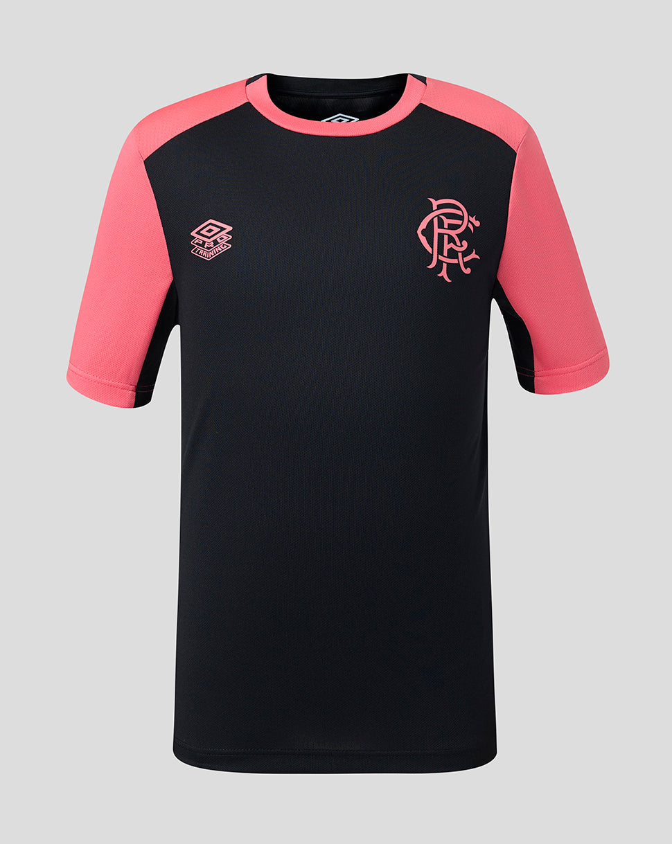 Black and pink sports jersey with logos on a gray background