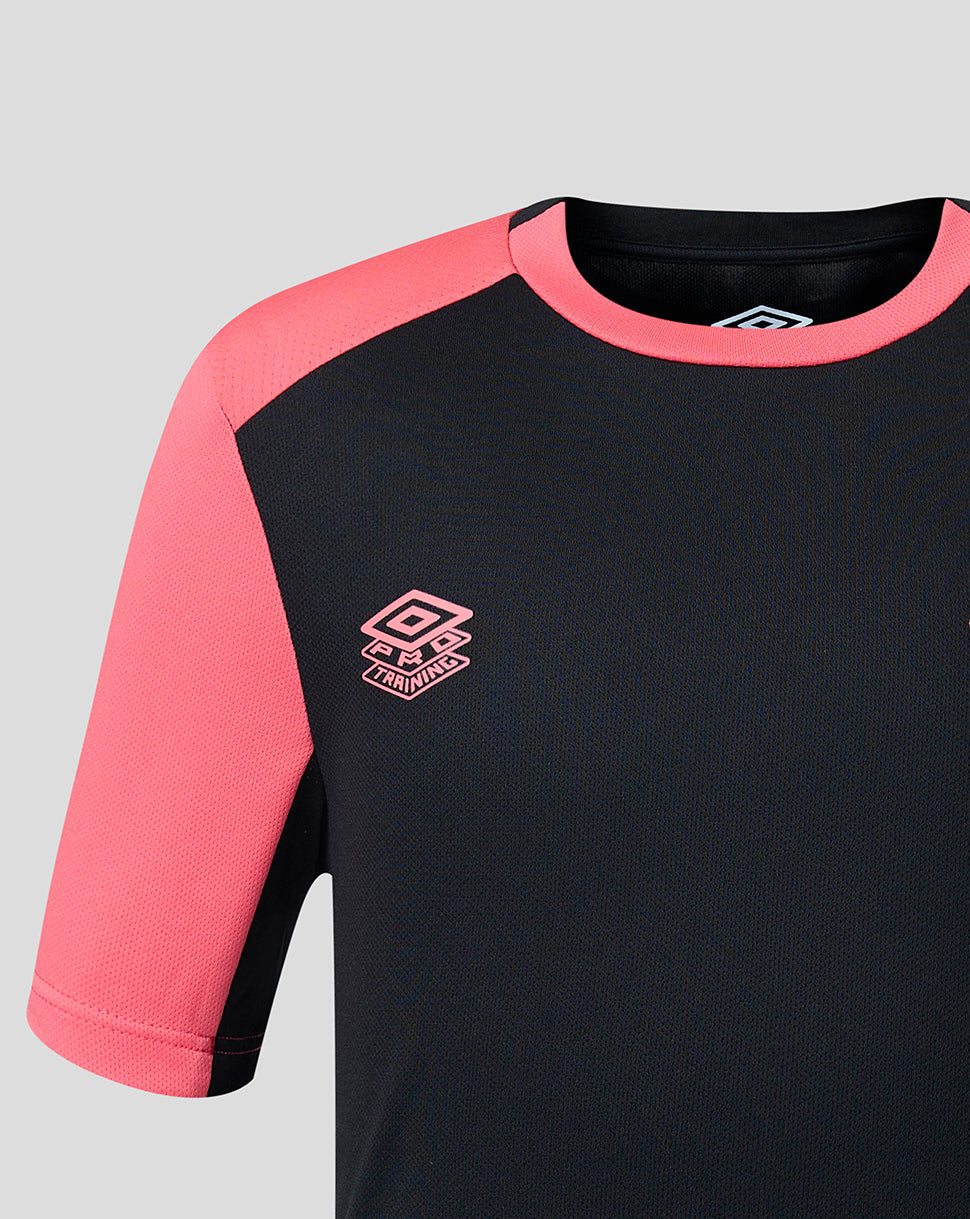 Black and pink shirt with a logo on a gray background