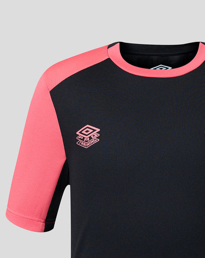 Black and pink shirt with a logo on a gray background