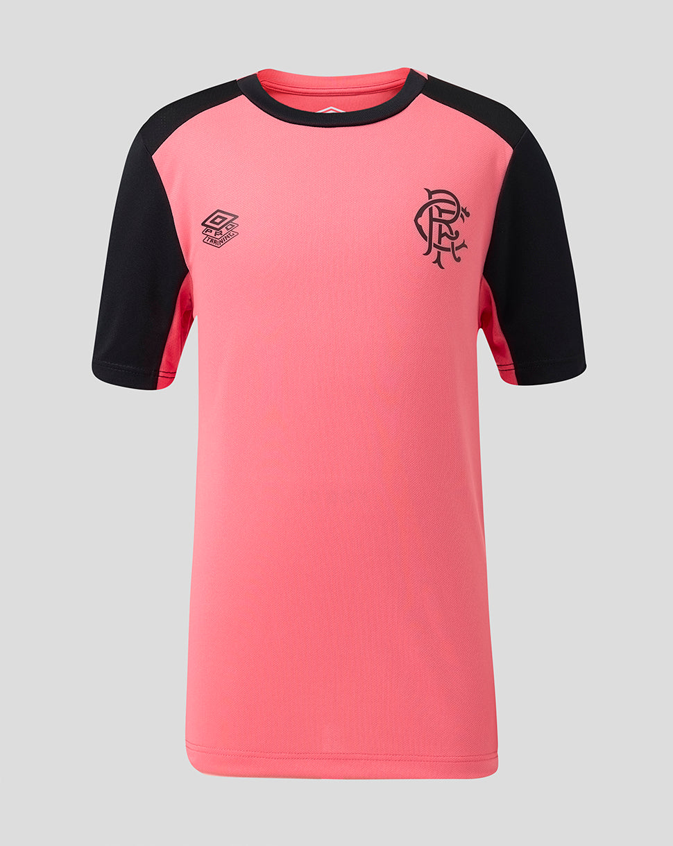 Pink and black sports jersey with a logo on a gray background