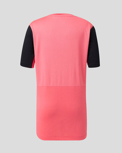 Pink and black short sleeve top on a gray background