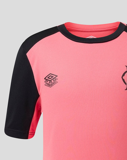 Pink and black sports jersey with a logo on a gray background