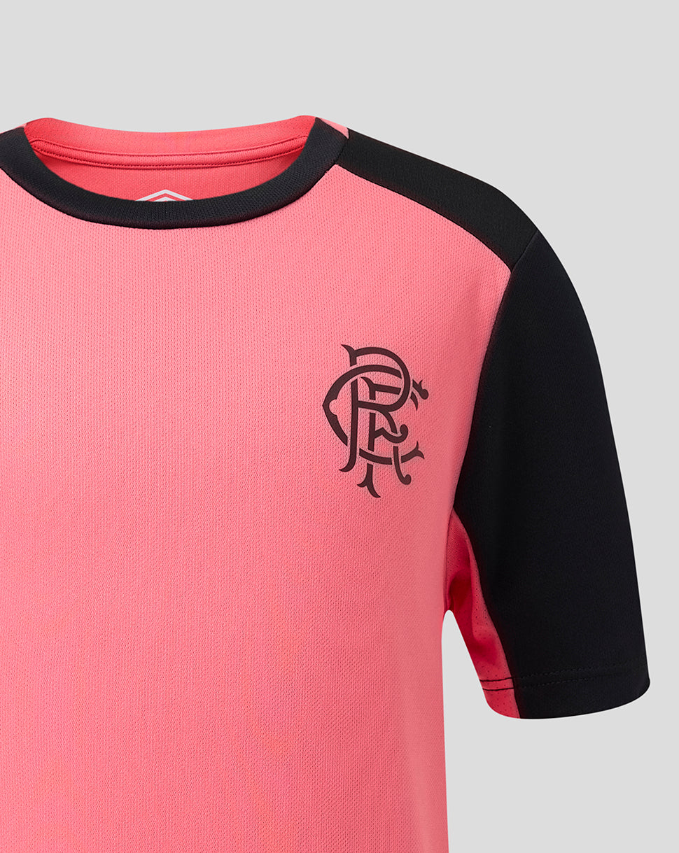 Pink and black shirt with a logo on a gray background
