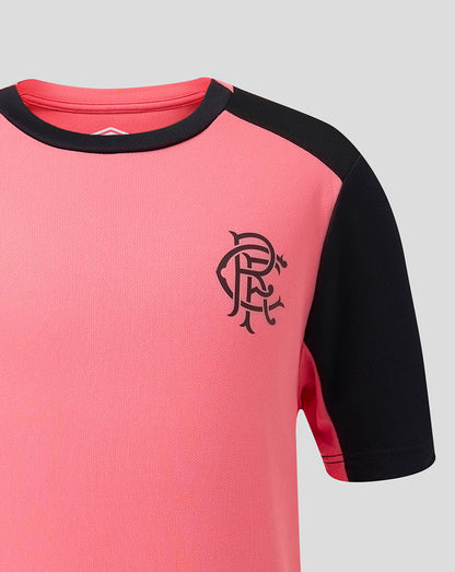 Pink and black shirt with a logo on a gray background