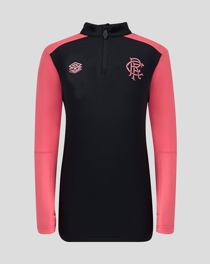 Black and pink long-sleeve sports top with logos on a gray background
