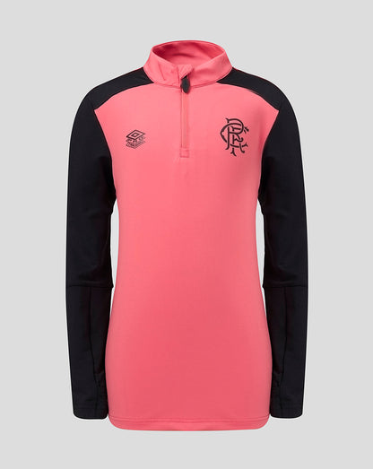 Pink and black long-sleeve athletic top with a logo on a gray background