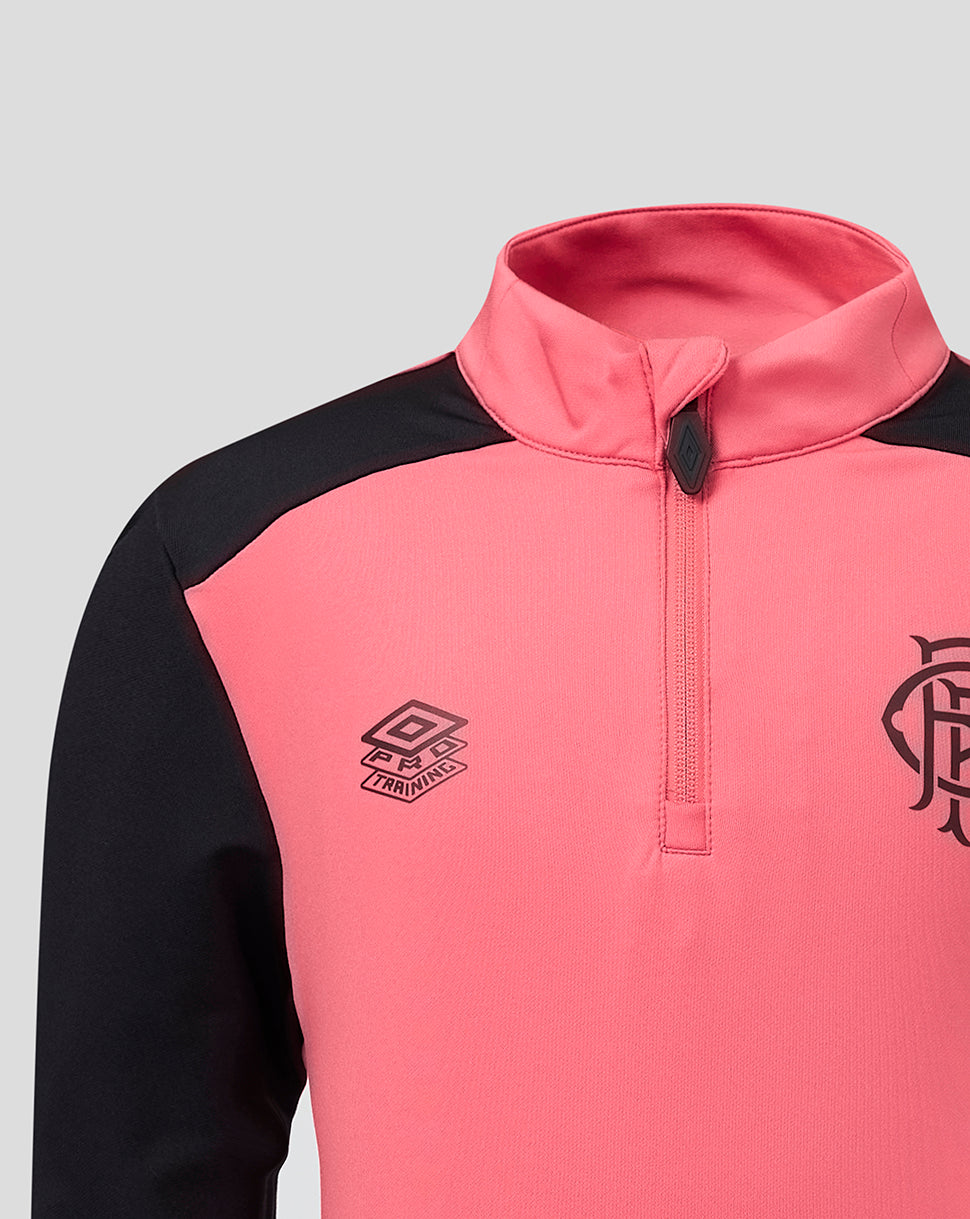 Pink and black pullover with a brand logo on a gray background