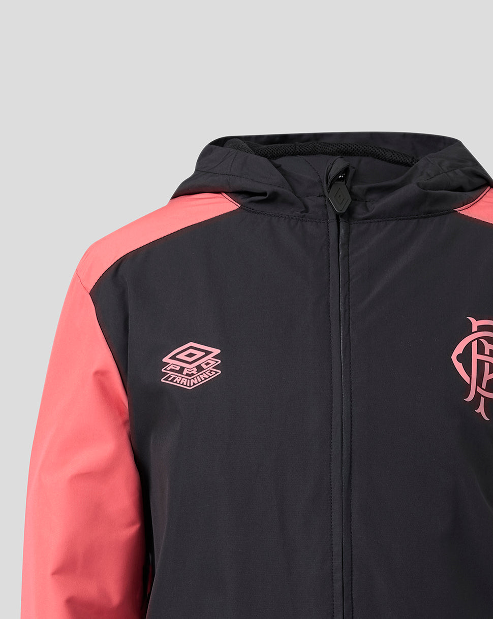 Black and pink jacket with logos on a gray background