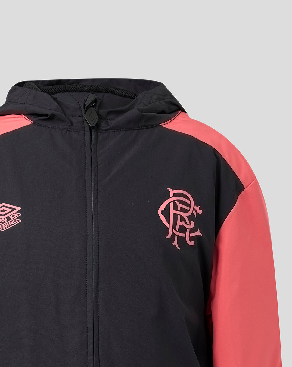 Black and red jacket with a logo on a gray background