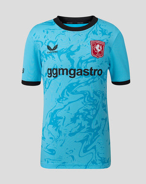 Front view of turquoise FC Twente junior away goalkeeper shirt with black trim and club crest.