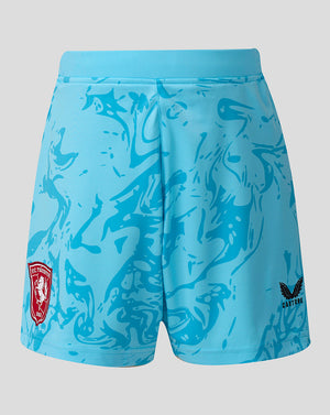 Light blue FC Twente junior away goalkeeper shorts with red club crest on the left leg and Castore logo on the right