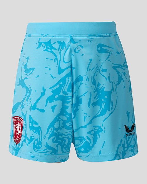 Light blue FC Twente junior away goalkeeper shorts with red club crest on the left leg and Castore logo on the right