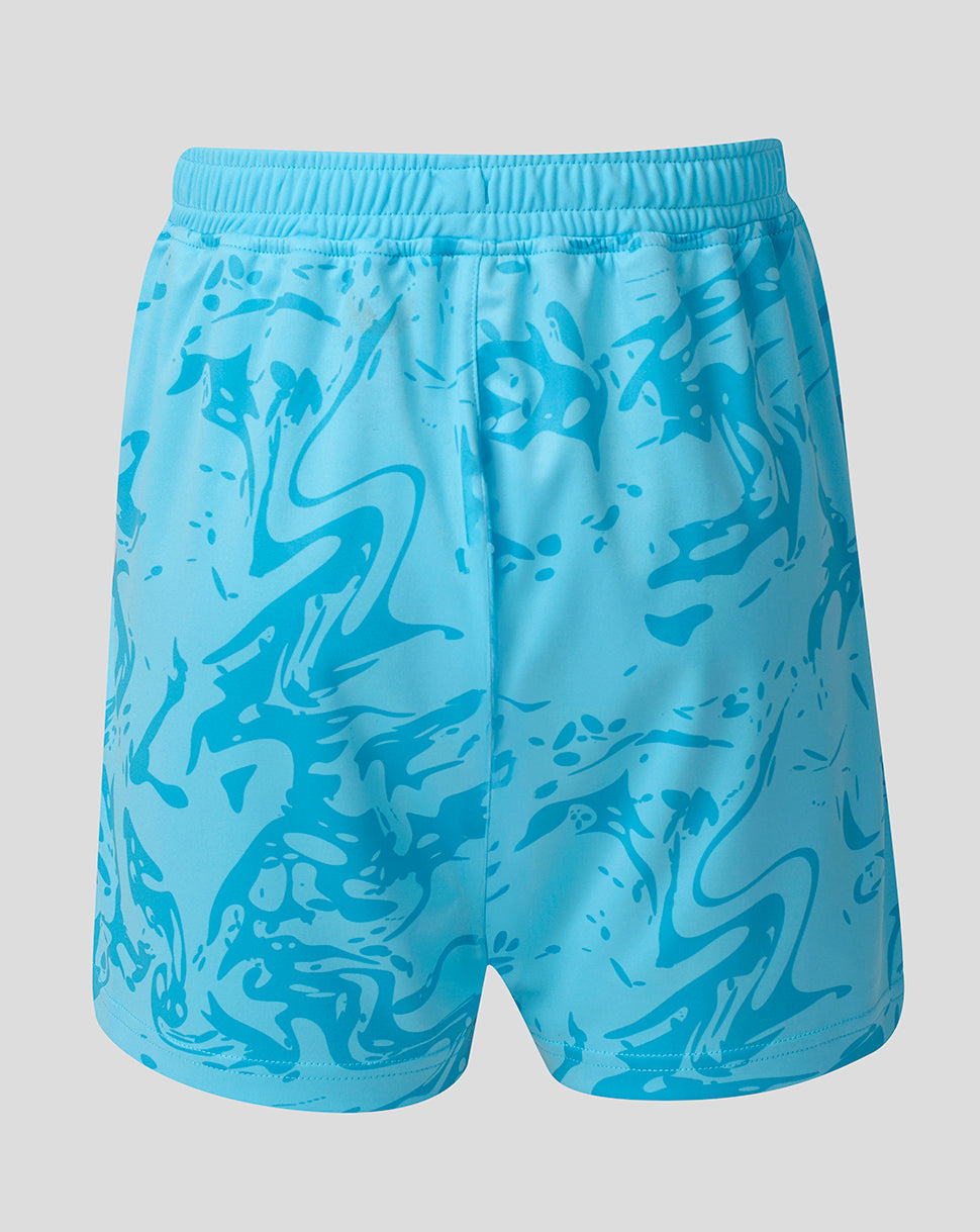 Back view of FC Twente junior away goalkeeper shorts in light blue with an abstract pattern and an elastic waistband