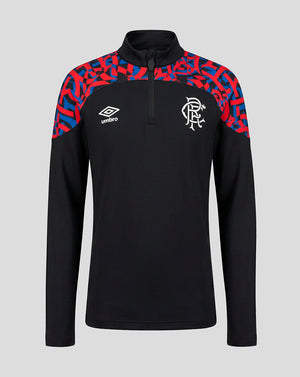 A black long-sleeve quarter-zip pullover with a red and blue patterned yoke, featuring the white Umbro logo on the right chest and the CRF crest on the left chest, shown against a solid gray background.