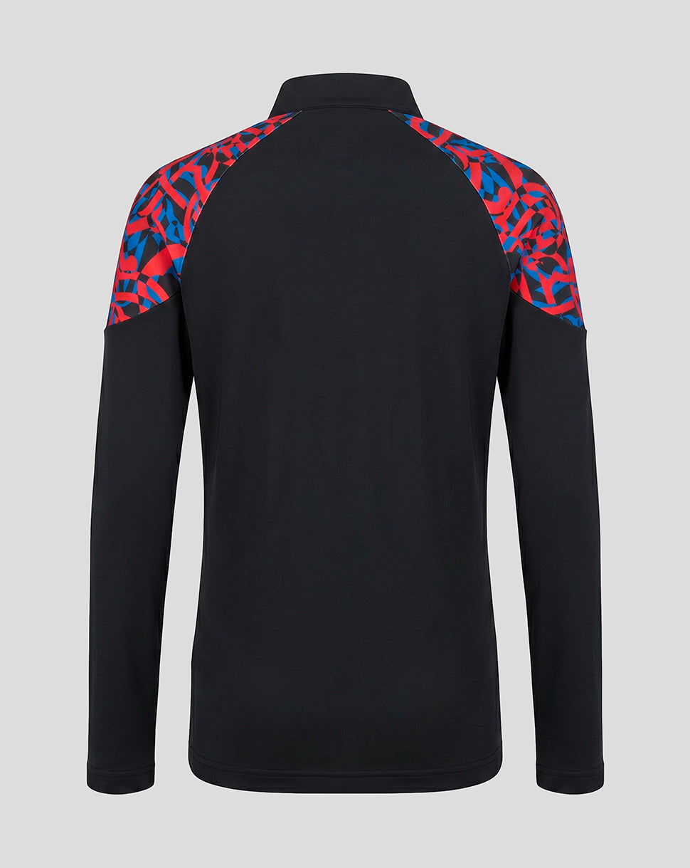 A black long-sleeve athletic pullover with a red and blue abstract patterned yoke on the shoulders, shown from the back against a light gray background.