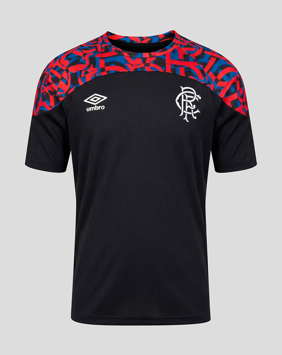 A black short-sleeve soccer jersey with a red and blue abstract patterned yoke, featuring the white Umbro logo on the right chest and the Rangers club crest on the left chest, shown against a solid gray background.