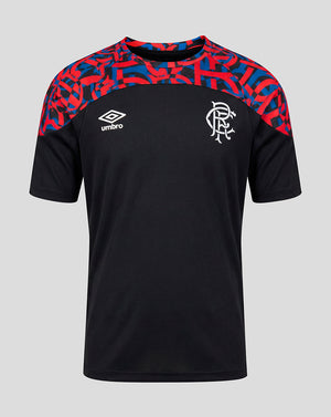 A black short-sleeve soccer jersey with a red and blue abstract patterned yoke, featuring the white Umbro logo on the right chest and the Rangers club crest on the left chest, shown against a solid gray background.