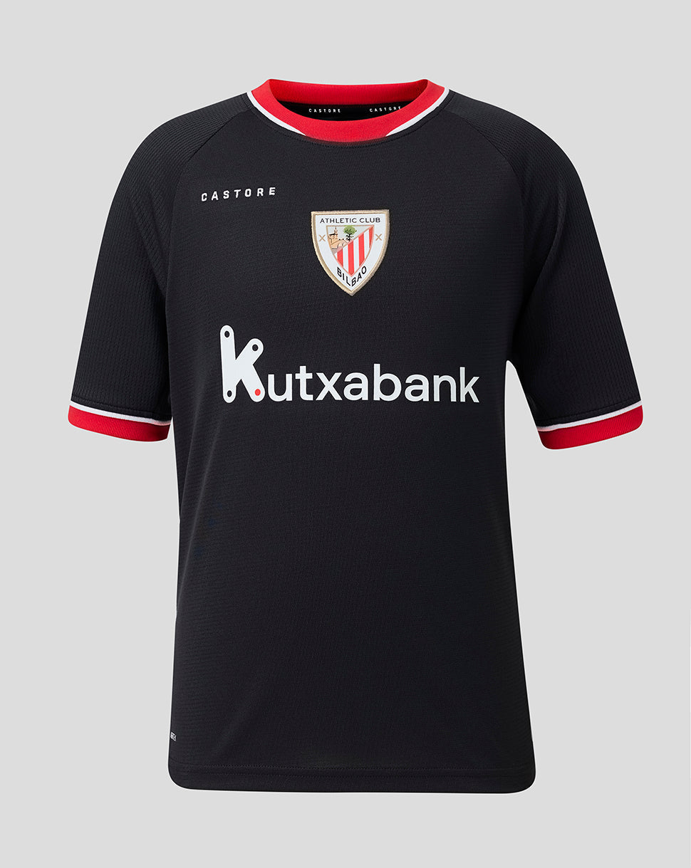 Athletic Club junior away shirt in black with red collar trim, crest on chest and Kutxabank sponsor.