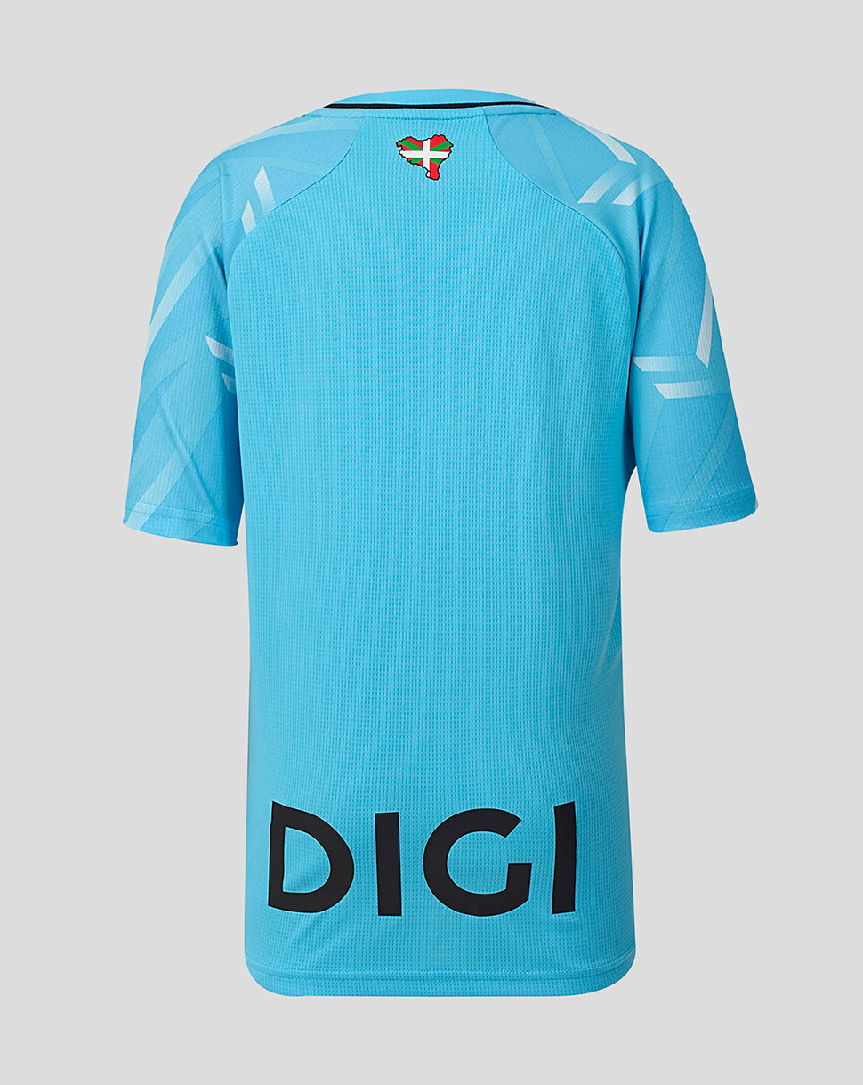 Back view of light blue Athletic Club junior third shirt with large DIGI sponsor across the lower back and club crest at the neck.