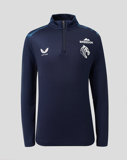 A navy blue long-sleeve athletic quarter-zip pullover with white printed logos on the chest, including 'BREEDON' and a winged emblem, shown against a solid gray background.