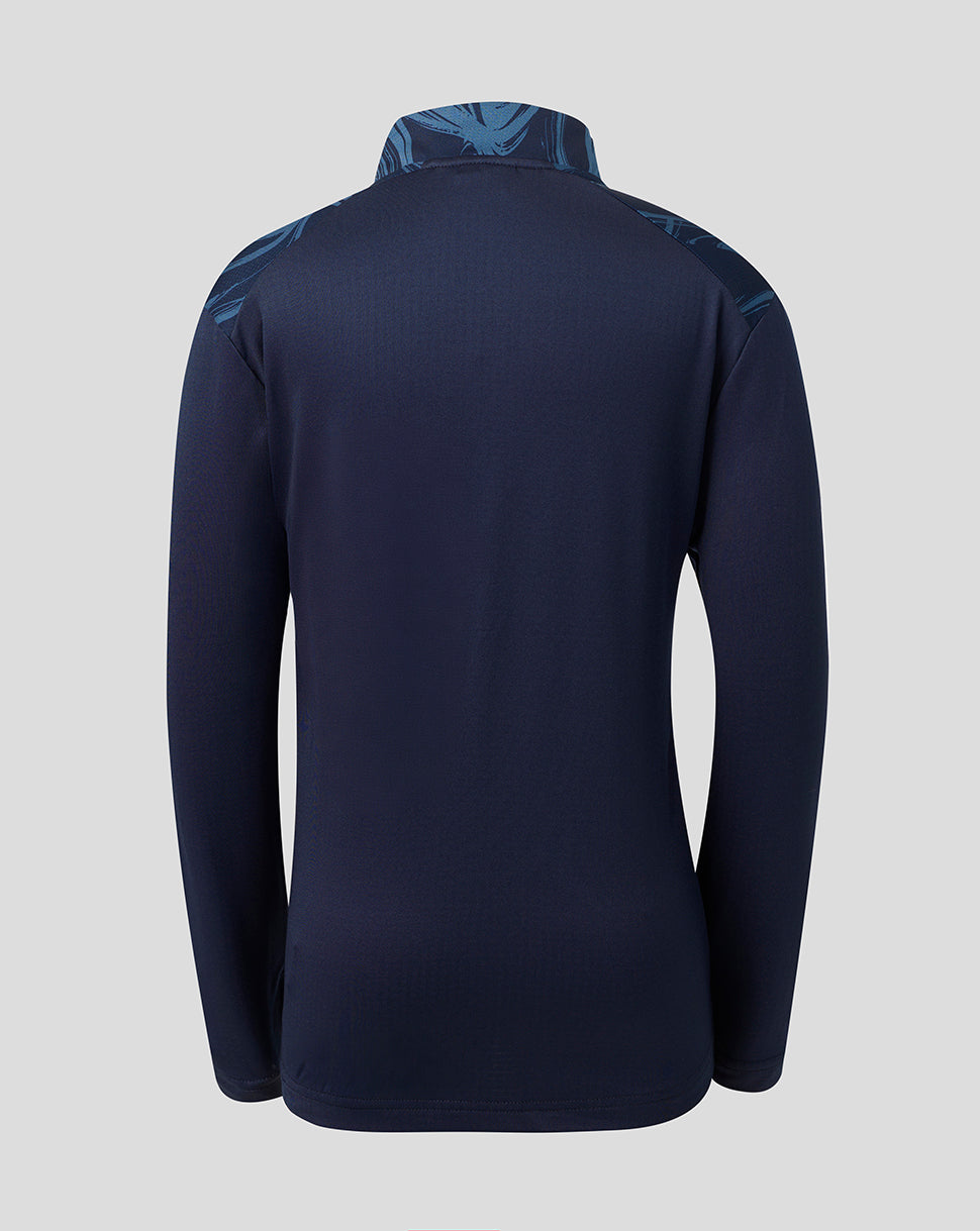 A dark navy blue long-sleeve athletic top shown from the back, featuring subtle tonal patterned detailing on the shoulders and collar, set against a solid light gray background.