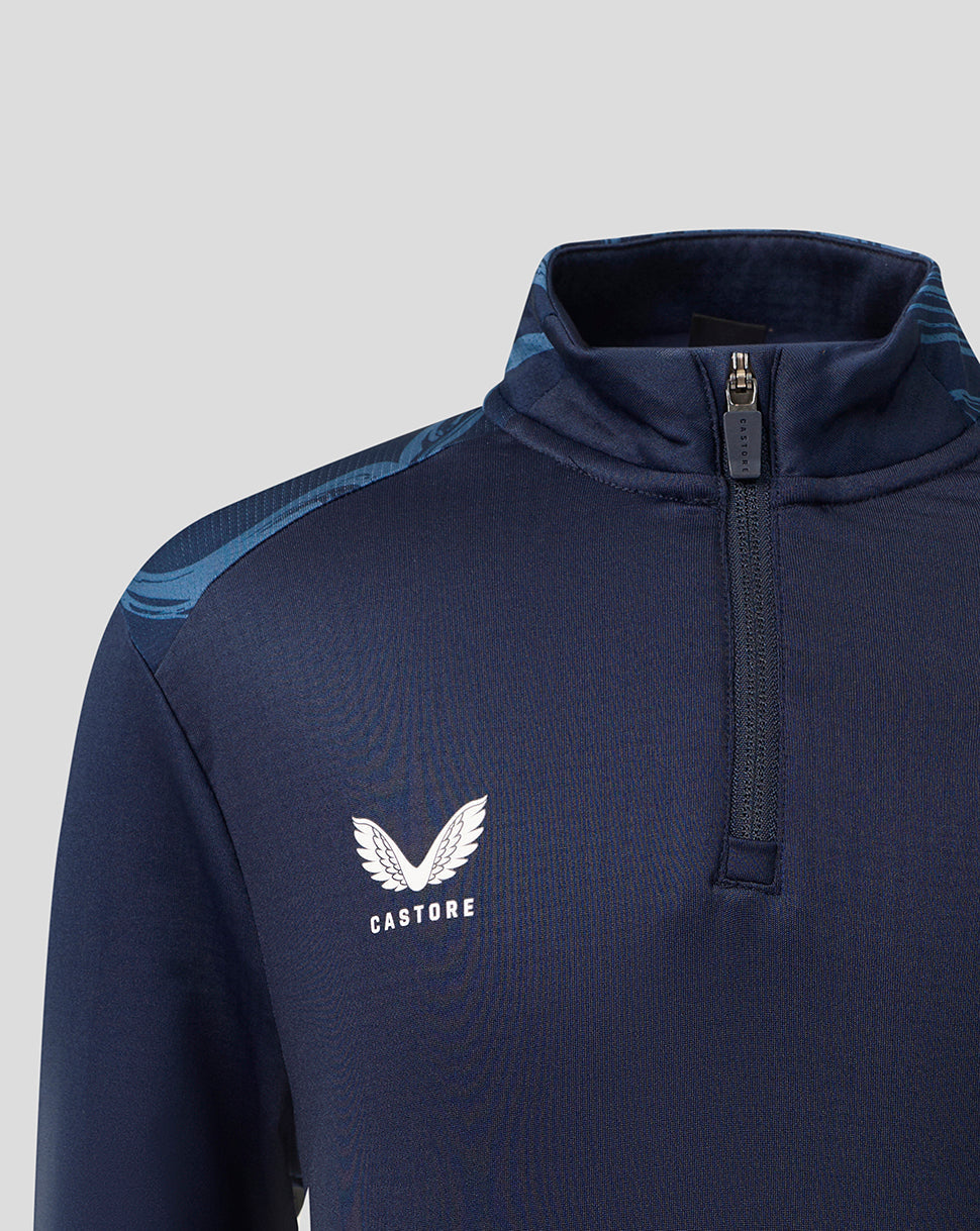A close-up of a navy blue athletic quarter-zip pullover with a white Castore wing logo on the chest, set against a light gray background.