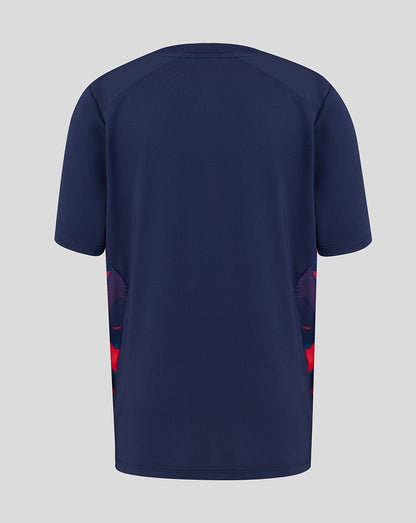 Navy blue t-shirt with colorful patterns on a light gray background