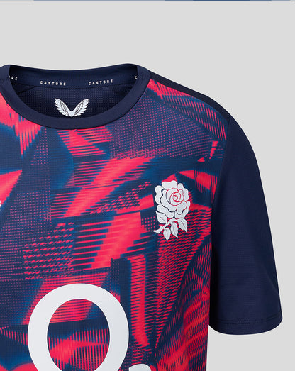 Navy and red sports jersey with a rose emblem on a light gray background