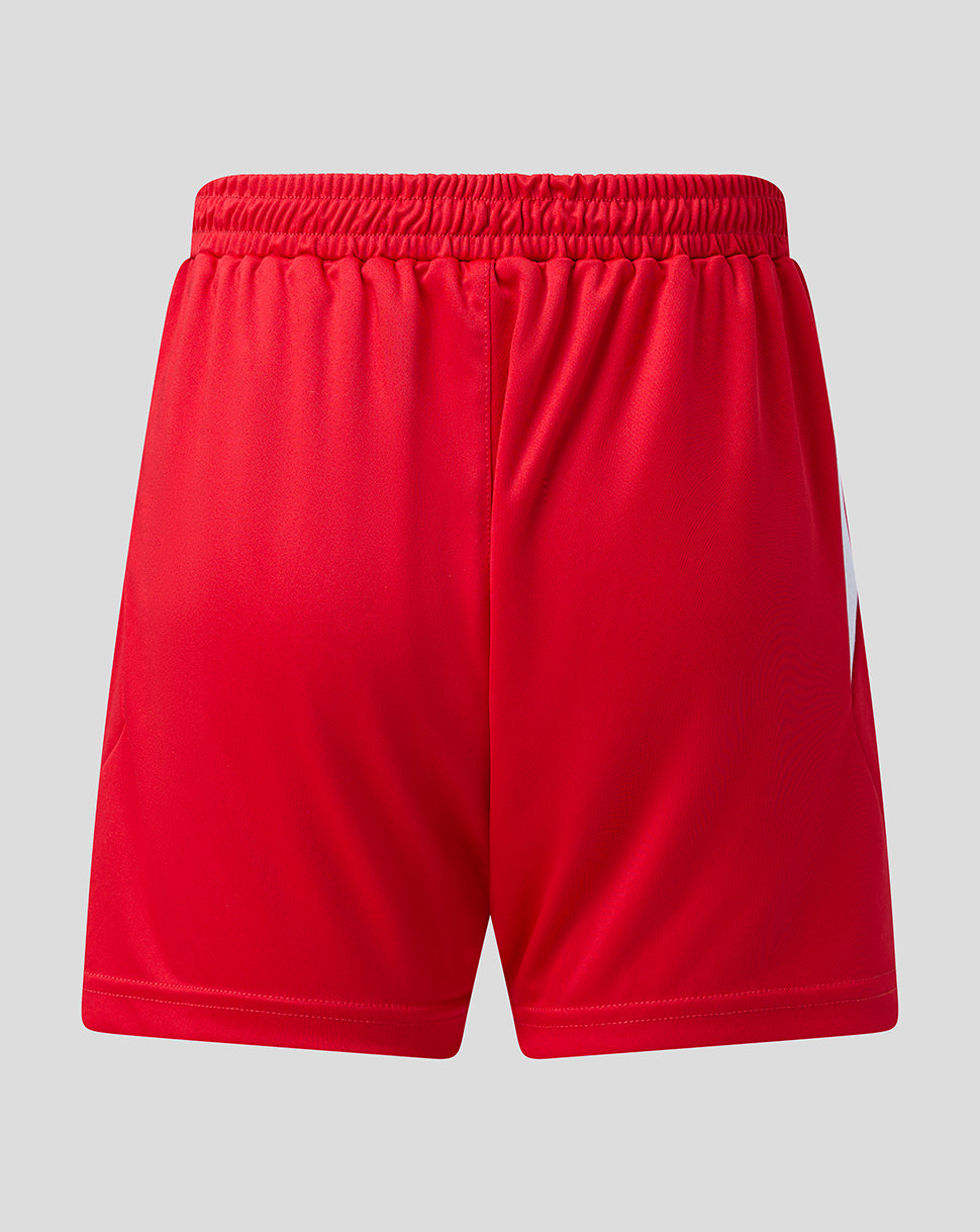 Back view of red FC Twente junior 26/27 home shorts with elastic waistband and drawcord.