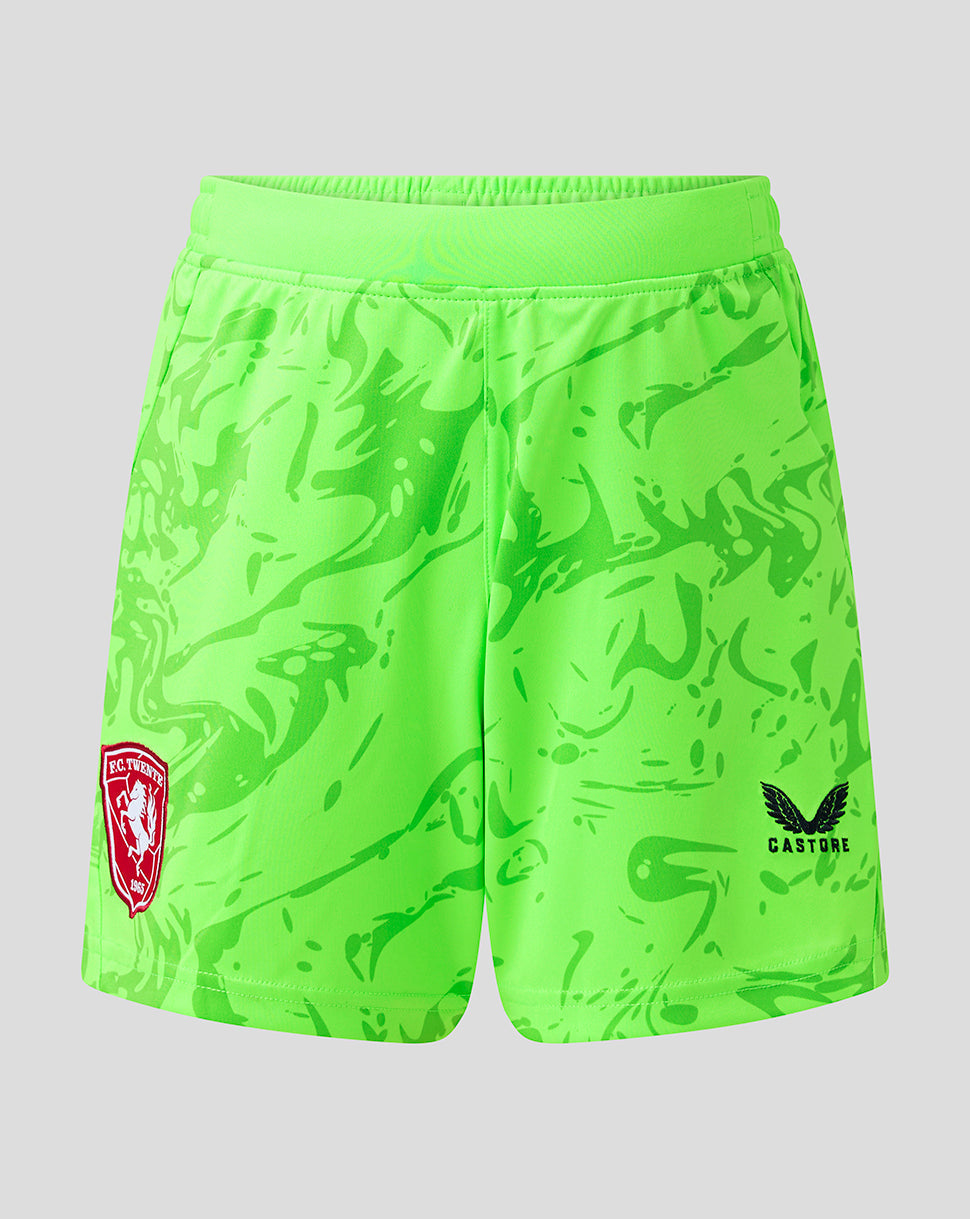 Neon green goalkeeper shorts with FC Twente crest on the left and Castore logo on the right.