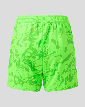 Back view of neon green goalkeeper shorts with elastic waistband and bold pattern.
