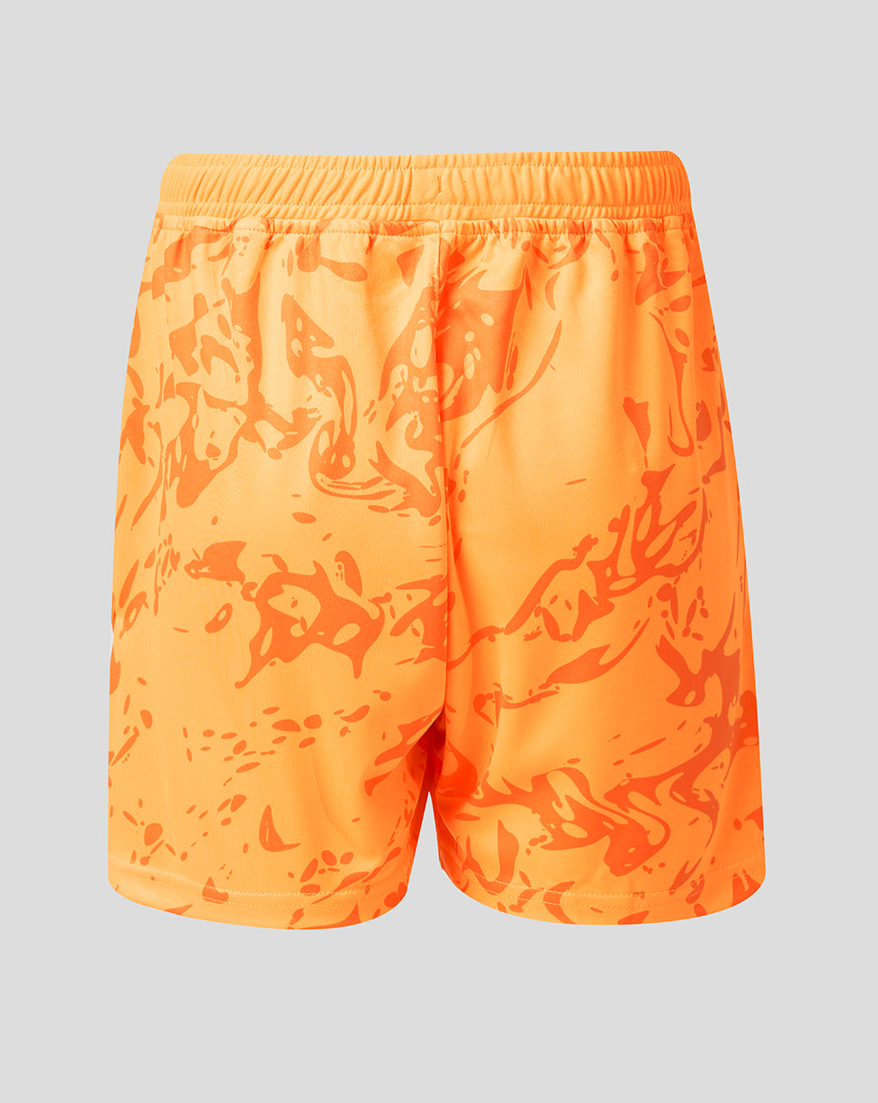Achterkant van oranje FC Twente keepershorts voor junioren met elastische tailleband en binnen trekkoord